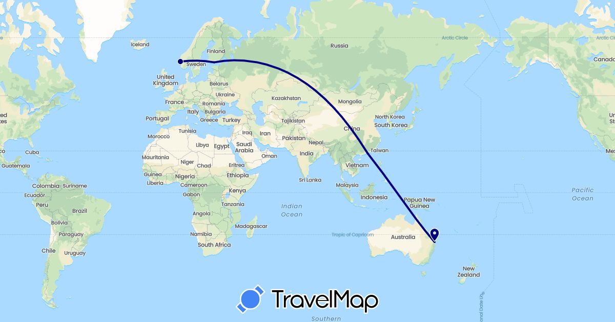 TravelMap itinerary: driving in Australia, China, Finland, Norway (Asia, Europe, Oceania)